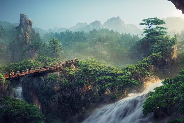 Bergen en een oude houten brug over een rots met een waterval en groene bomen en struiken 3d illustratie