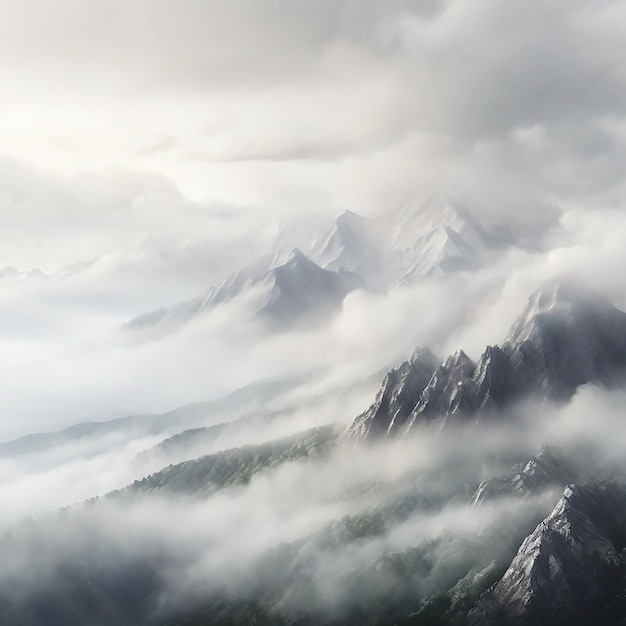 Bergen en mist bij regenachtig weer