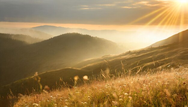 Foto bergen gouden zonsopgang en weideschoonheid