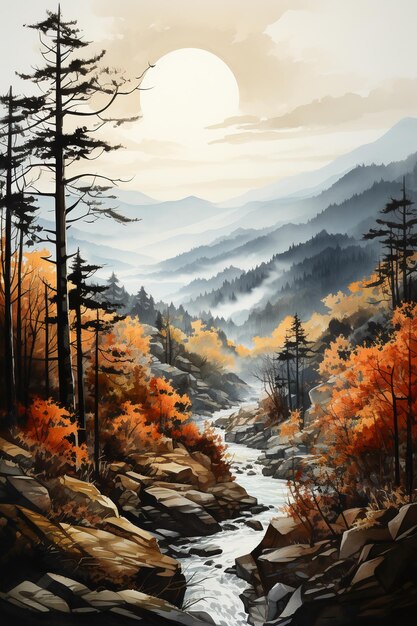 bergen herfst waterverf schilderij AI generatieve