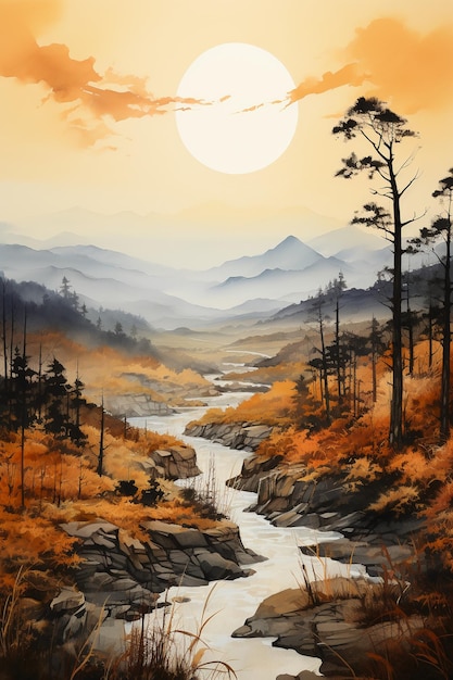 bergen herfst waterverf schilderij AI generatieve