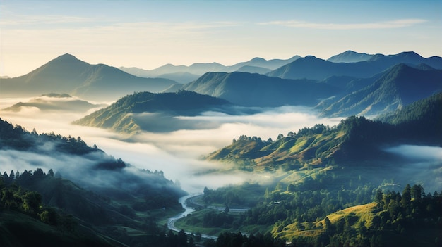 Bergen in het prachtige landschap van de mistzonsopgang