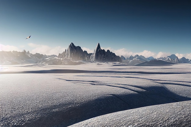 Bergen in het winterseizoen met sneeuw en scheuren op de grond onder een heldere blauwe hemel 3d illustratie