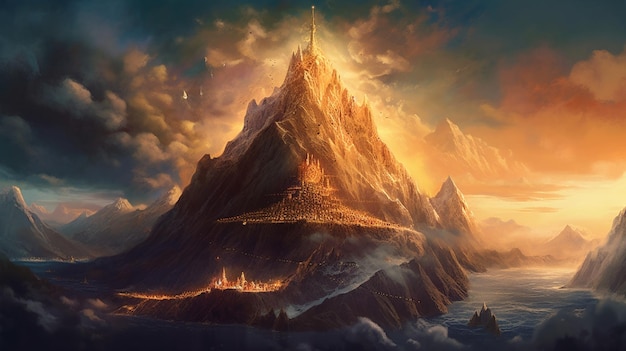 bergen met een kasteel erop in het midden van een zonsondergang generatieve ai