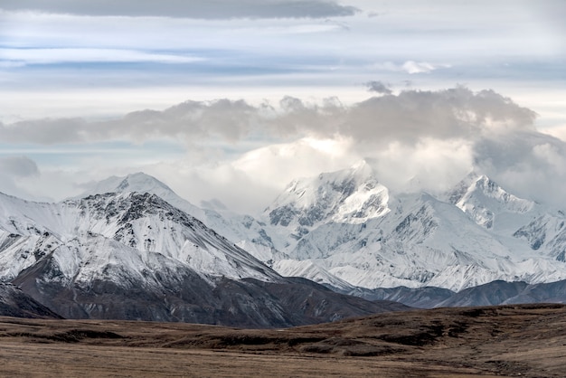 Foto bergen met sneeuw hoogste landschap bij het nationale park van denali, alaska