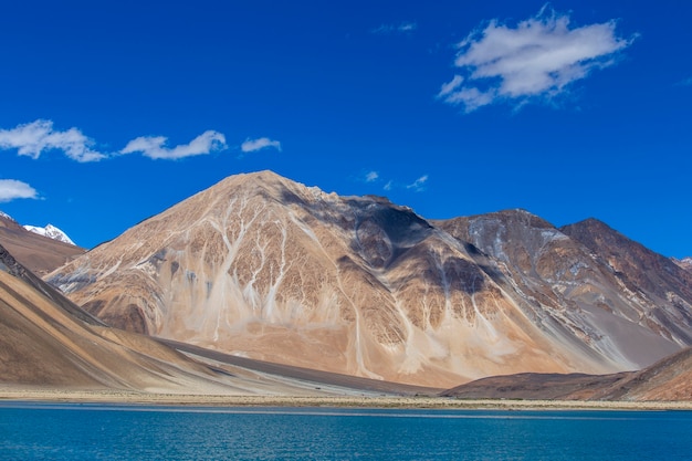 Bergen tegen de blauwe lucht en het meer Pangong in de Indiase Himalaya