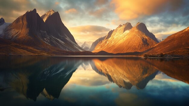 Bergen worden weerspiegeld in een meer bij zonsondergang met een bewolkte hemel generatieve ai
