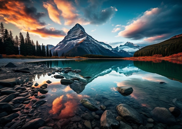 Foto bergen worden weerspiegeld in een meer bij zonsondergang met rotsen en water generatieve ai