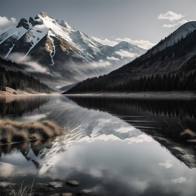 bergen worden weerspiegeld in een meer met een berg op de achtergrond