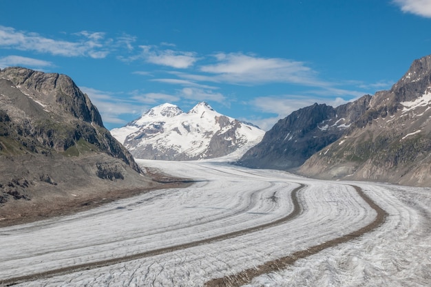 Bergenscènes, wandeling door de grote Aletschgletsjer, route Aletsch Panoramaweg in nationaal park Zwitserland, Europa. Zomerlandschap, blauwe lucht en zonnige dag