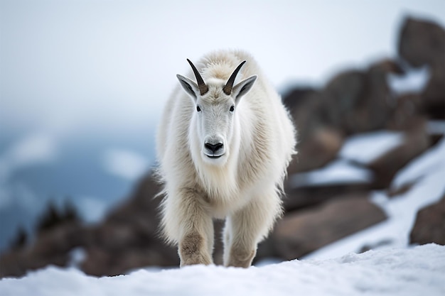 Berggeit die op een besneeuwde berg loopt