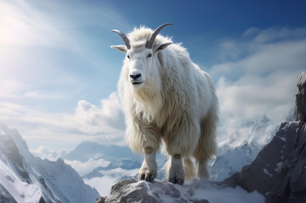 Foto berggeit sneeuwgeit een witte ruige geit met lang wit haar en hoorns staat op een met sneeuw bedekte berg