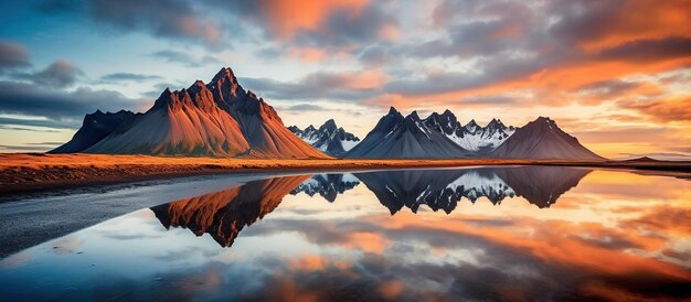 Bergkaap bij zonsondergang met reflecties