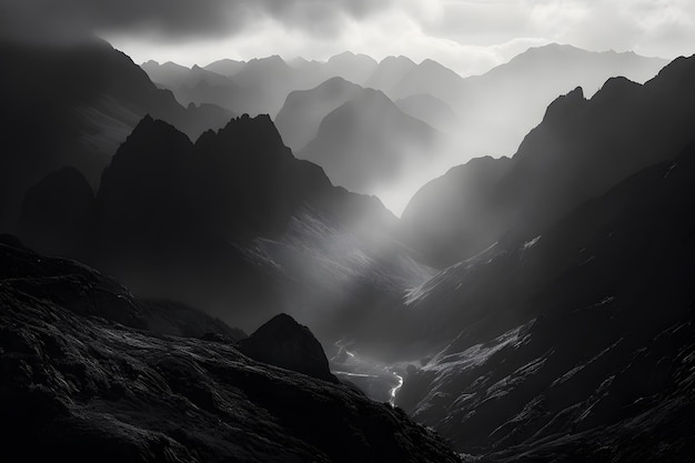 Bergketen met een mistig atmosferisch gevoel met dramatische schaduwen en licht dat weerkaatst door de generatieve ai van de toppen