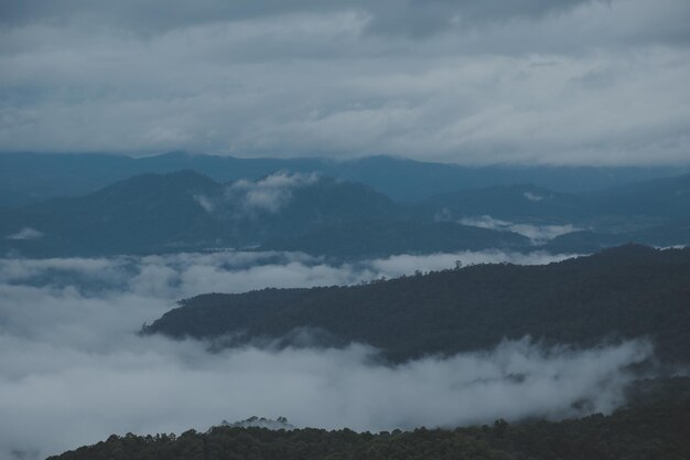 Bergketen met zichtbare silhouetten door de ochtendblauwe mist