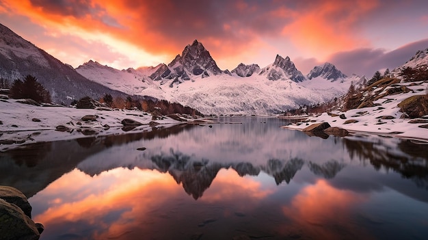 Foto bergketen worden weerspiegeld in een meer bij zonsondergang