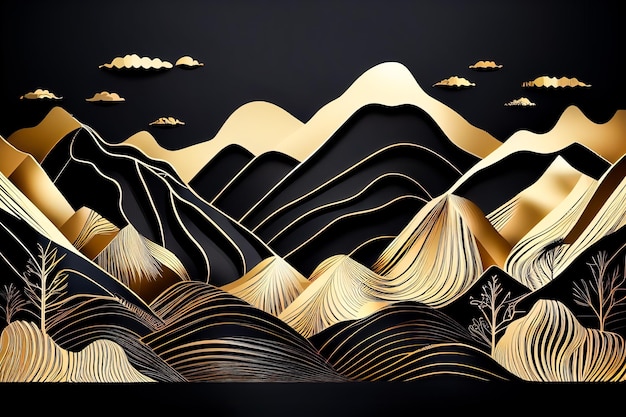 Berglandschap achtergrond met gouden en zwarte ornamenten Generatieve AI