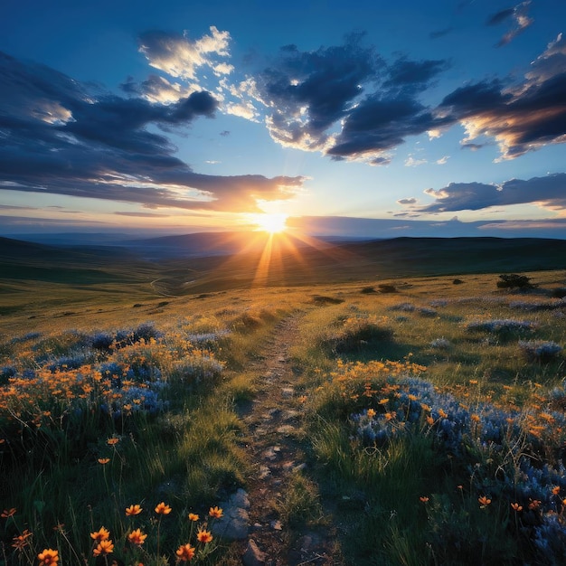 Berglandschap gevuld met gras en bloemen