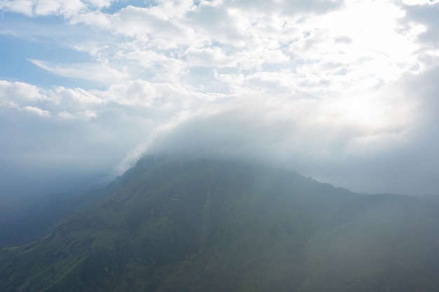 Berglandschap, groene hellingen. Schoonheid van bergen. Little Adam piek, berg in de mist uitzicht vanuit de jungle