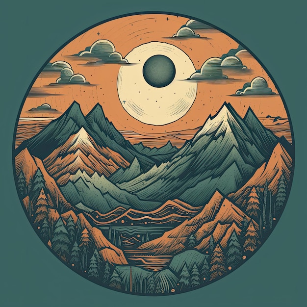 Berglandschap in vintage stijl met maan en zon Vectorillustratie