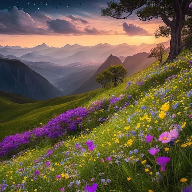 Berglandschap met gras en bloemen