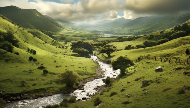 Foto berglandschap met groene weiden die reflecteren in rustig water gegenereerd door kunstmatige intelligentie