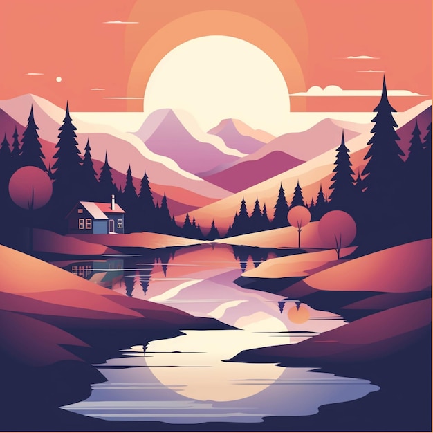 Berglandschap met meer bos huis en zonsondergang Vector illustratie