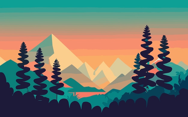 Berglandschap met naaldbossen en zonsondergang tint hemel vectorillustratie