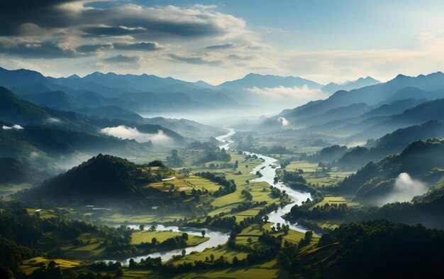 Berglandschap met rivier en dal in de ochtend