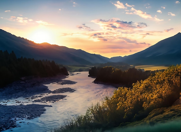 Berglandschap met rivier en zonsondergang