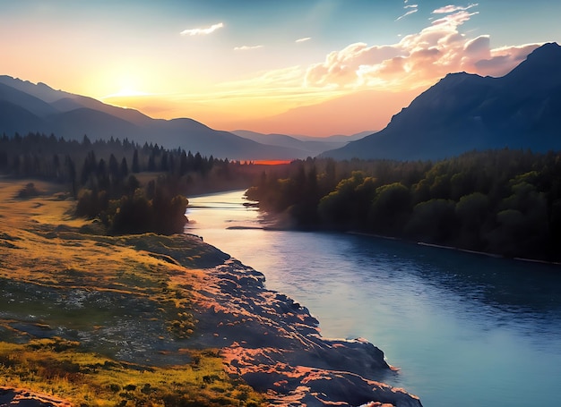 Berglandschap met rivier en zonsondergang