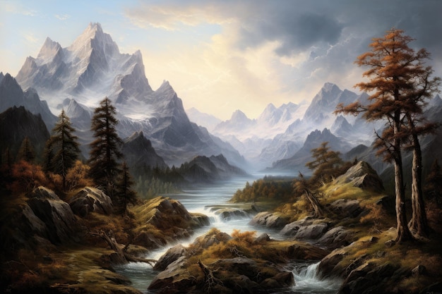 Berglandschap met rivier Renaissance-tijdperk schilderij met een rustig natuurlijk landschap met majestueuze bergen AI Generated AI Generated