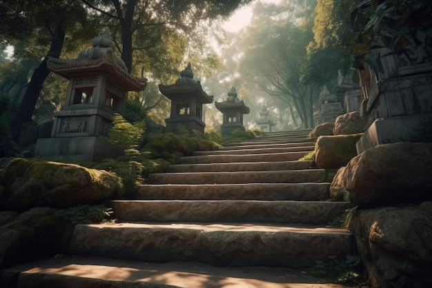 Berglandschap met stenen trappen Chinese tempel bovenop bos Generatieve AI