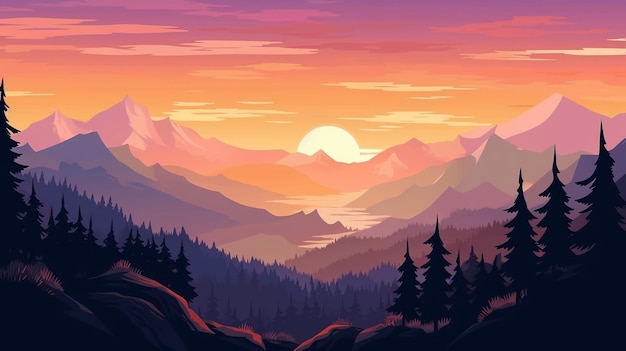 Berglandschap met uitzicht op de zonsopgang met zacht licht Flat 2d Generative AI