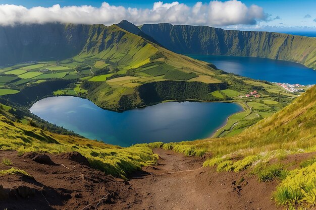 Berglandschap met wandelpad en uitzicht op prachtige meren Ponta Delgada Sao Miguel Island Azoren Portugal