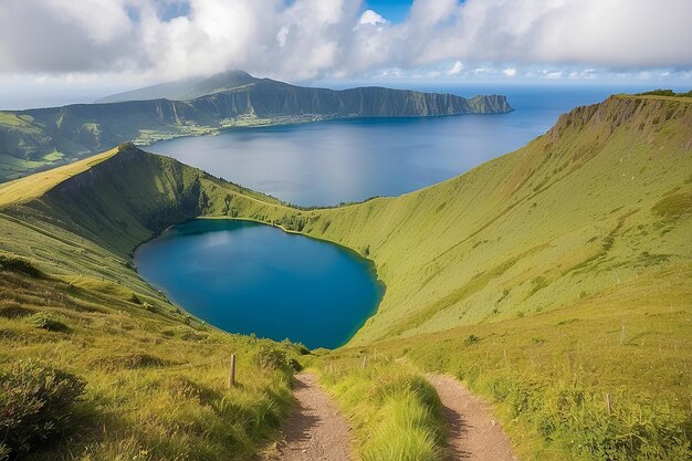 Berglandschap met wandelpad en uitzicht op prachtige meren Ponta Delgada Sao Miguel Island Azoren Portugal