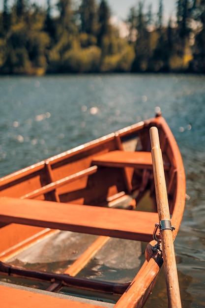 Bergmeer met naaldbos, houten boot zonnige blauwe hemel, idyllische vrijheidsreisachtergrond