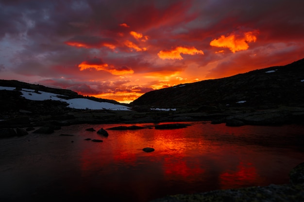 Bergmeer, Noors landschap bij zonsondergang