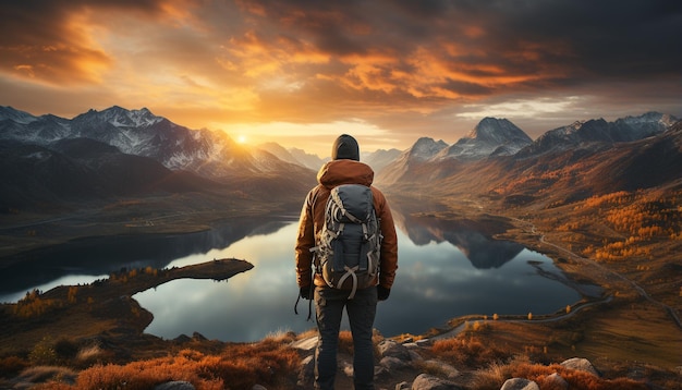 Foto bergpiek avontuur één persoon die in de natuur staat gegenereerd door kunstmatige intelligentie