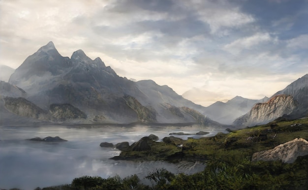 Bergrivier stroomt door een fantasielandschapskloof. Een groot blauw meer in het midden van de bergen. Fantastische natuur, geweldig zeegezicht. Illustratie