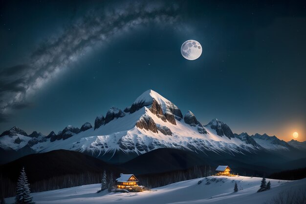 Bergtop op een prachtige sterrenrijke nacht met volle maan