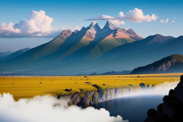 Bergtoppen onder de blauwe lucht en witte wolken natuurbehang achtergrondfotografie