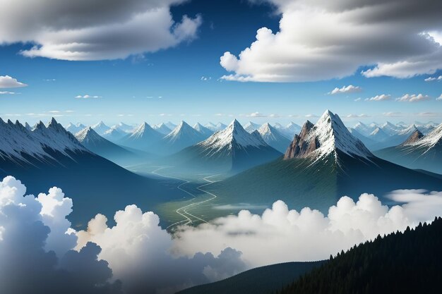 Bergtoppen onder de blauwe lucht en witte wolken natuurbehang achtergrondfotografie