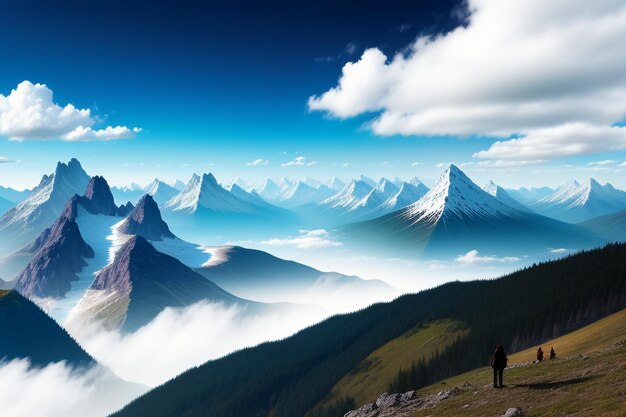 Bergtoppen onder de blauwe lucht en witte wolken natuurbehang achtergrondfotografie