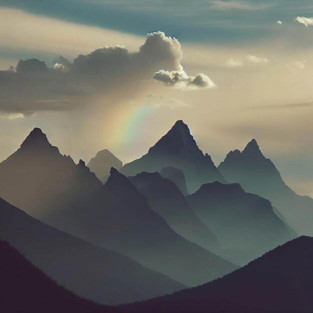 Bergtoppen, regenbogen, verspringende pieken, enkele wolken