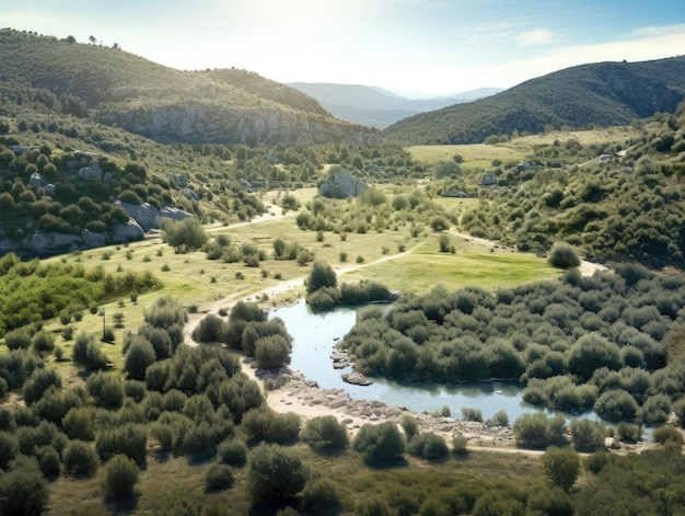 Bergvallei met olijfbomen en door de rivier ai gegenereerd kunstwerk