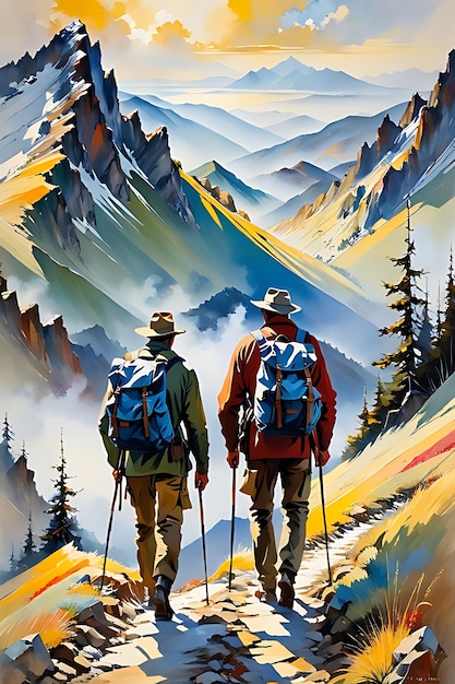 Bergwandelend schilderij van twee vrienden