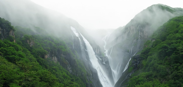 Bergwaterval en spuitwaterval achtergrondstroom in een natuur die rijk is aan groene bomen