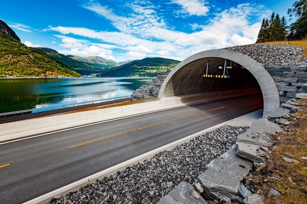 Bergweg in Noorwegen. De ingang van de tunnel.