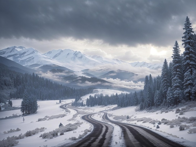 Bergweg met wintergebergte landschap